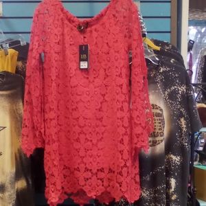 Red juniors tunic/dress medium lace overlay L&B